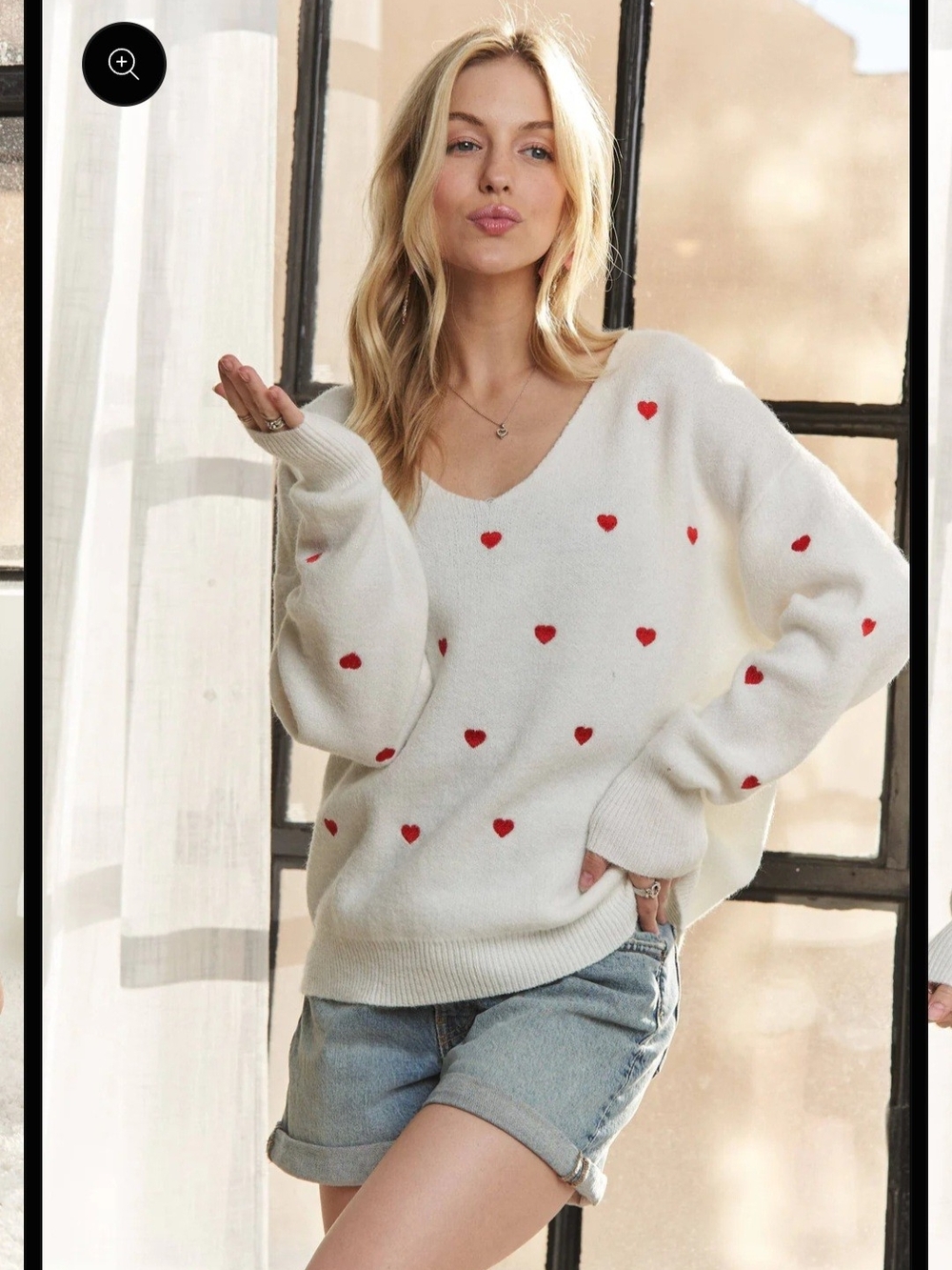 Sage 52 Cream Heart Print Sweater Cozy Soft V-Neck Boutique Size XL